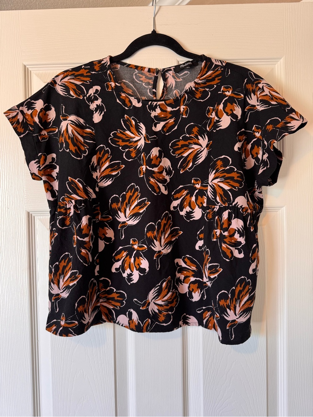 Madewell Black Blouse with Pink & Brown Floral Print